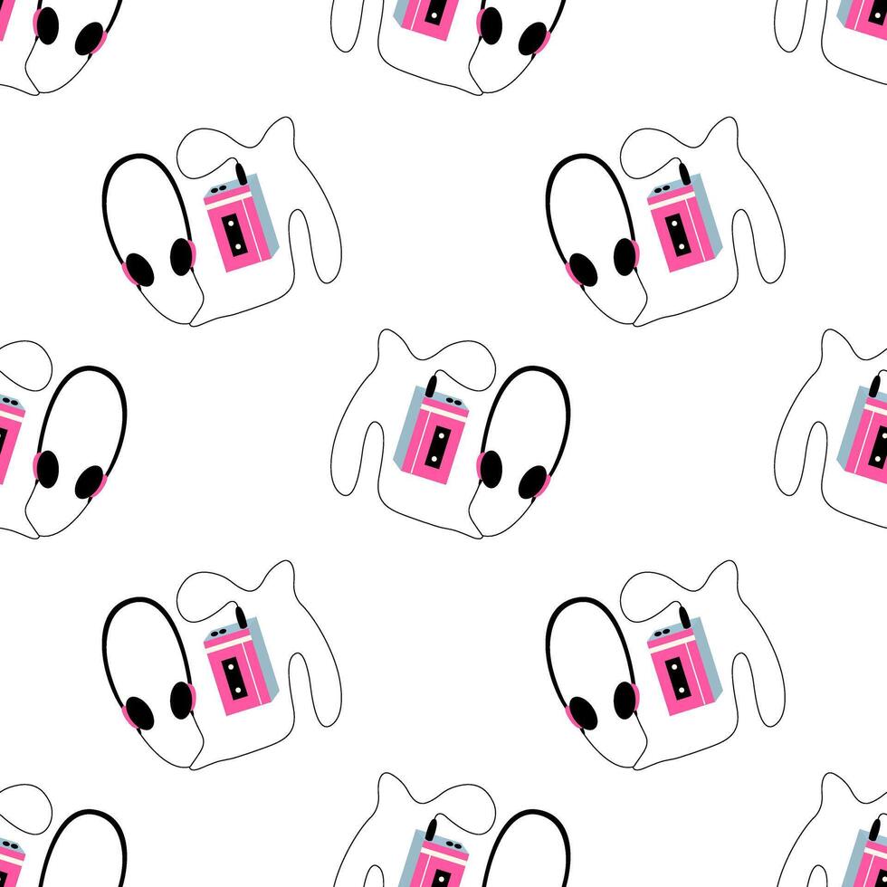 Retro cassette player with wired headphones seamless pattern vector