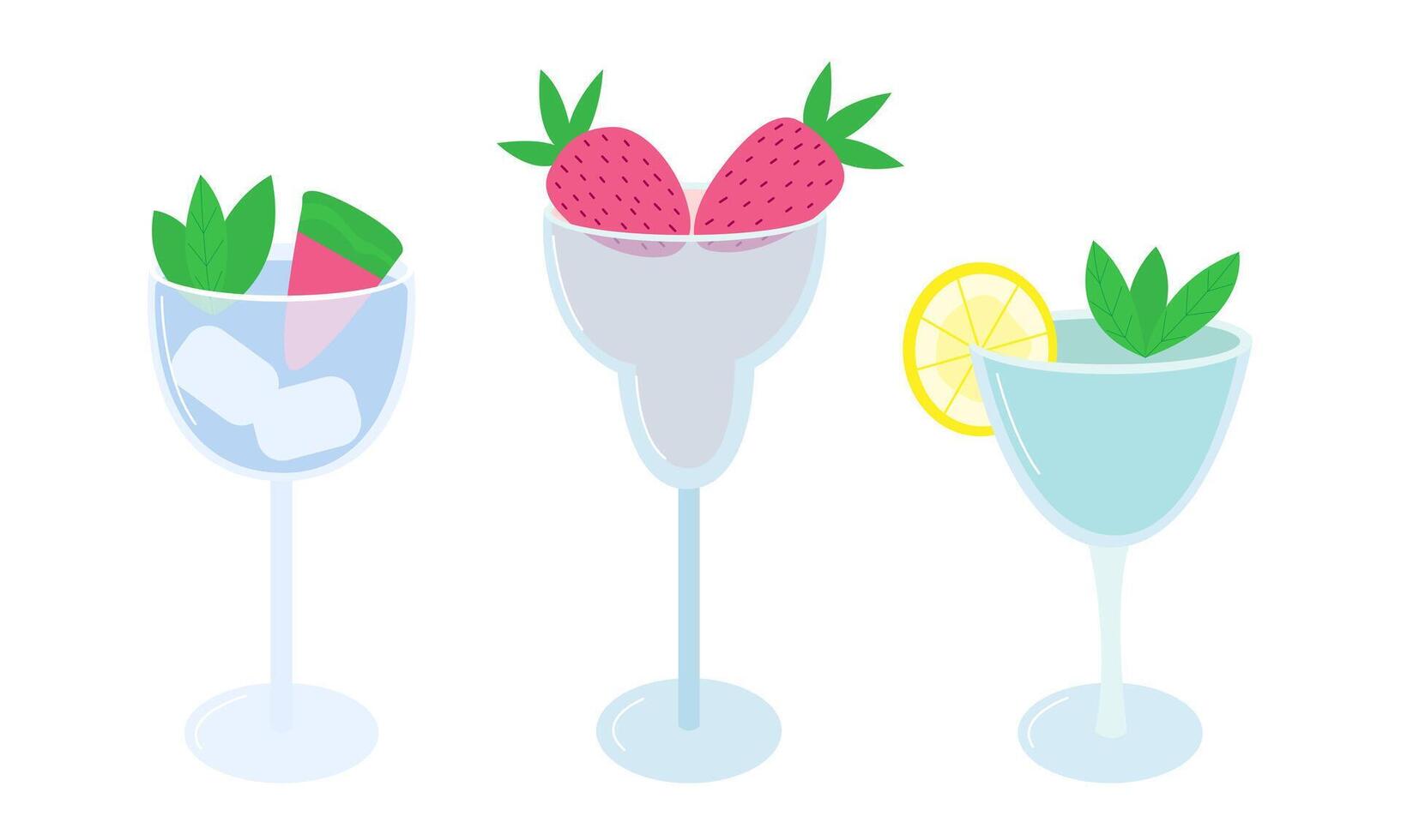 Set of classical drinks in different types of glasses in flat style. Margarita, watermelon alcoholic cocktail, gin tonic vector