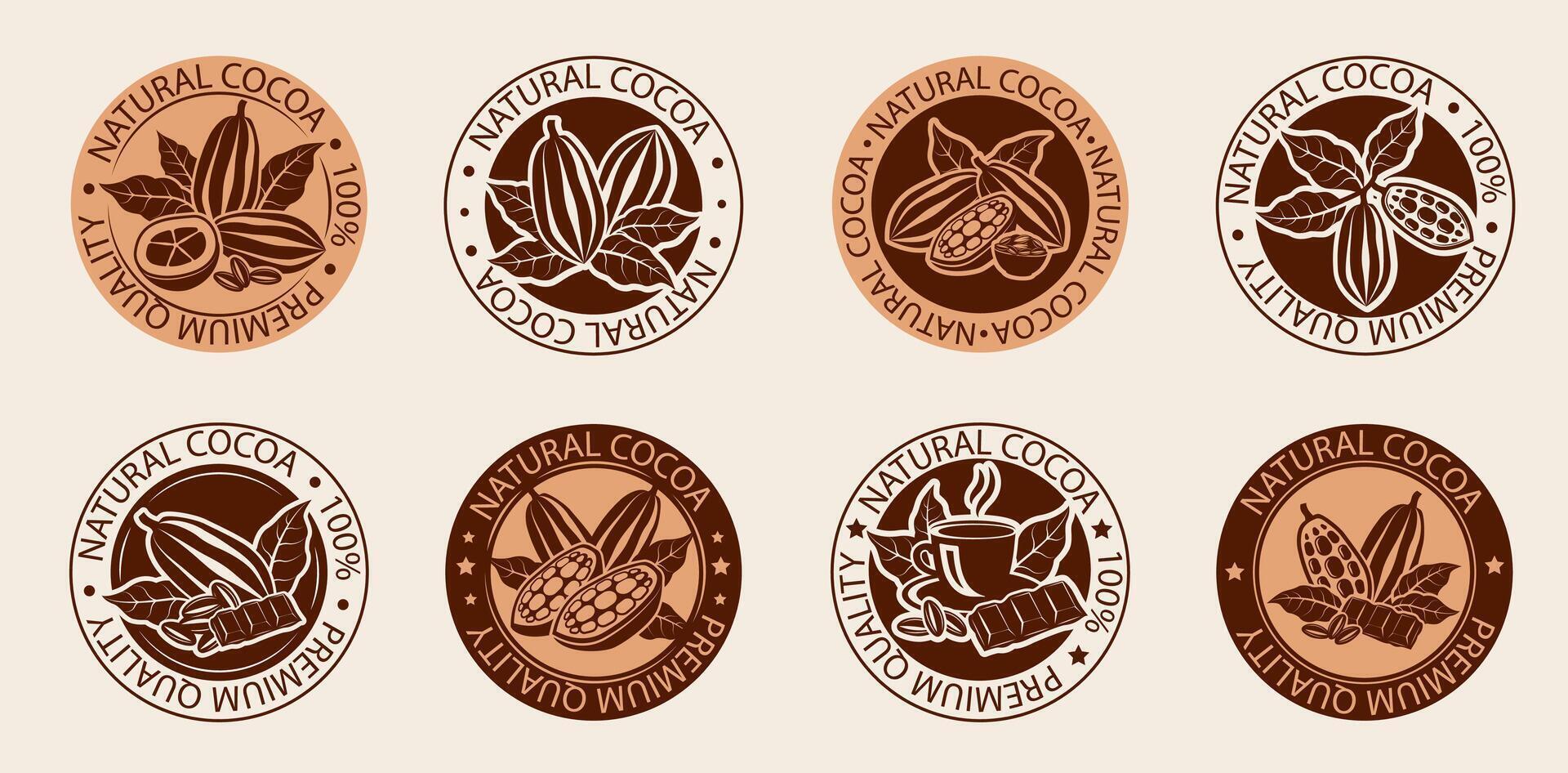 Set of cocoa and chocolate badges for logo design, composition in vector