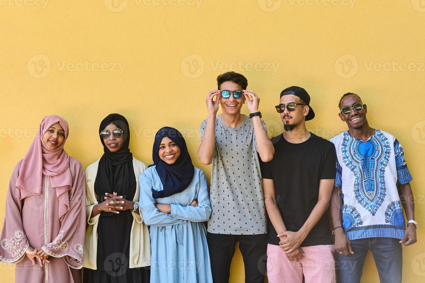 Urban Unity. Vibrant Diversity People in Front of the Yellow Wall photo