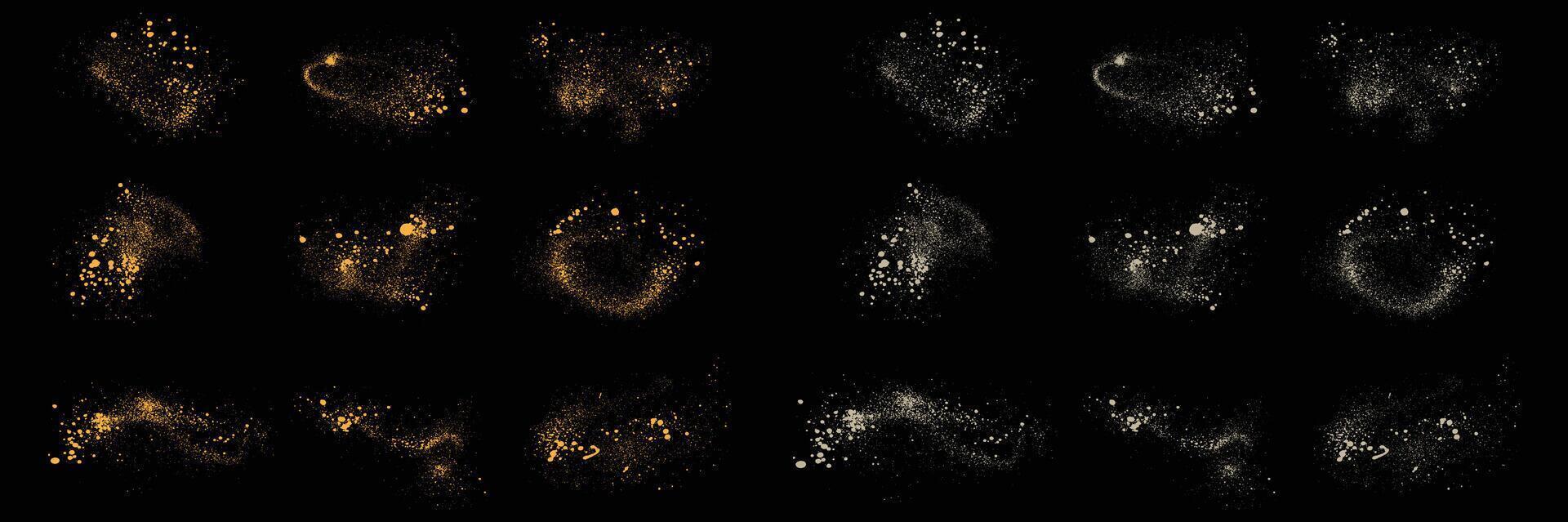 Gold sparkles set of confetti gold glitter and white color splatter texture template on a black background vector