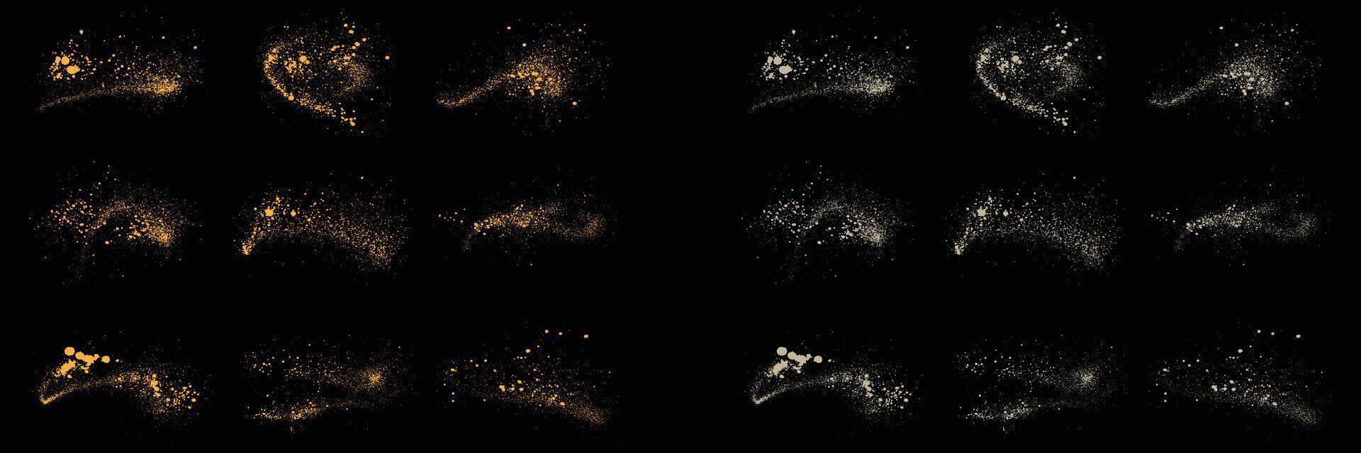 Festive glow effect gold glitter confetti and white color splatter splash texture design set vector