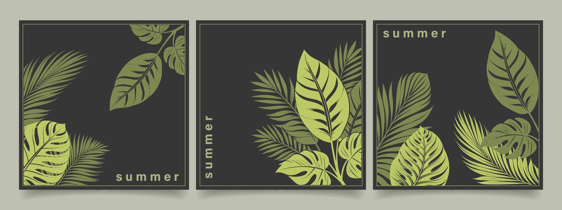Banners, covers or posters with tropical leaves for corporate identity, advertising. Summer bright cover templates. Illustration vector