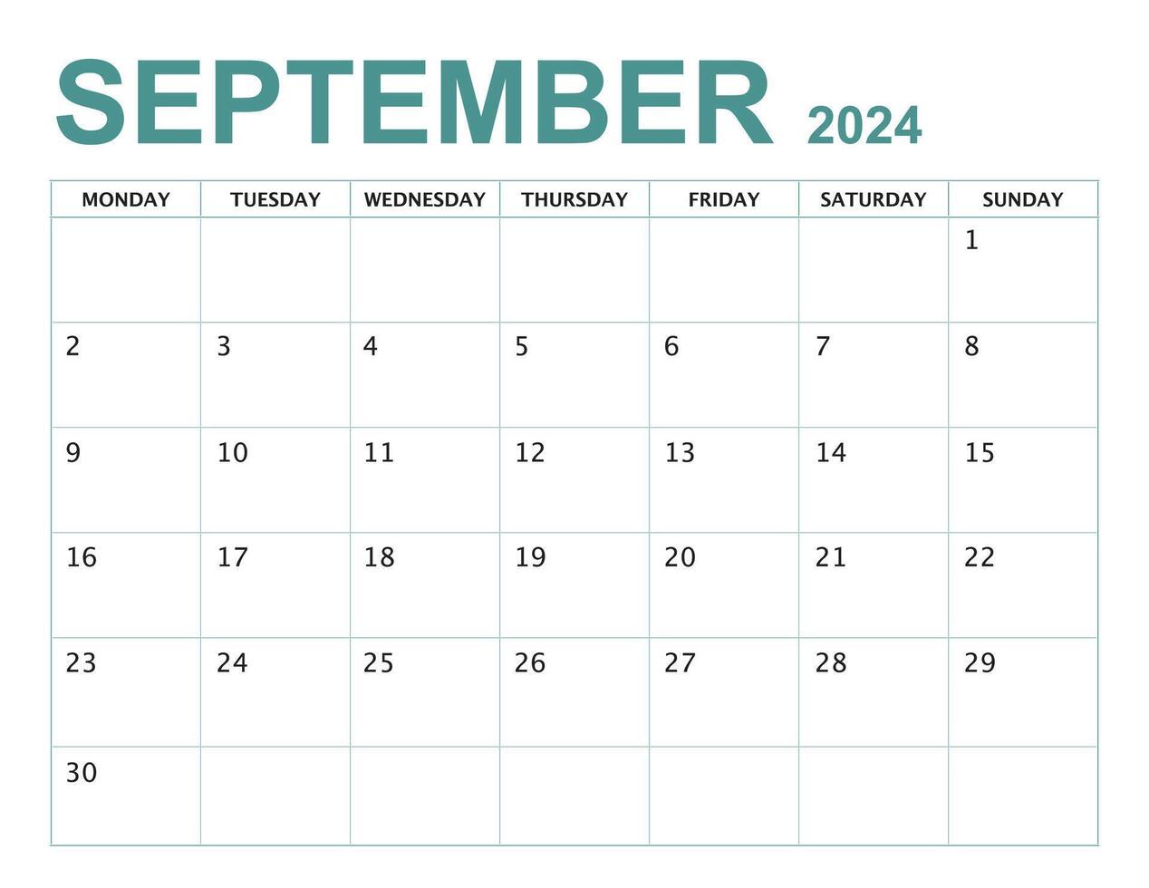 SEPTEMBER 2024 calendar start from MONDAY vector