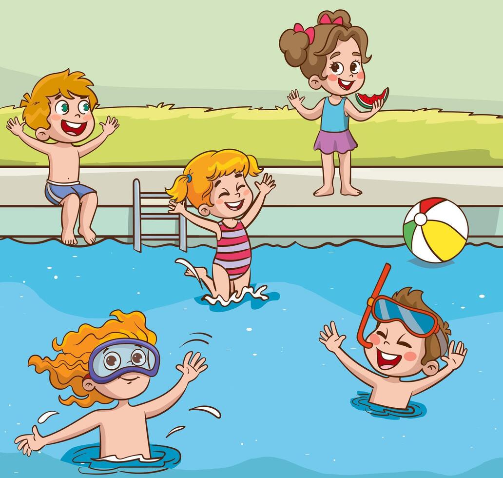 cute kids having fun in swimming pool at summer camp. Children having fun in backyard. Kids playing in swimming pool outdoors. Summer camp activities with water splash. Summer background. vector
