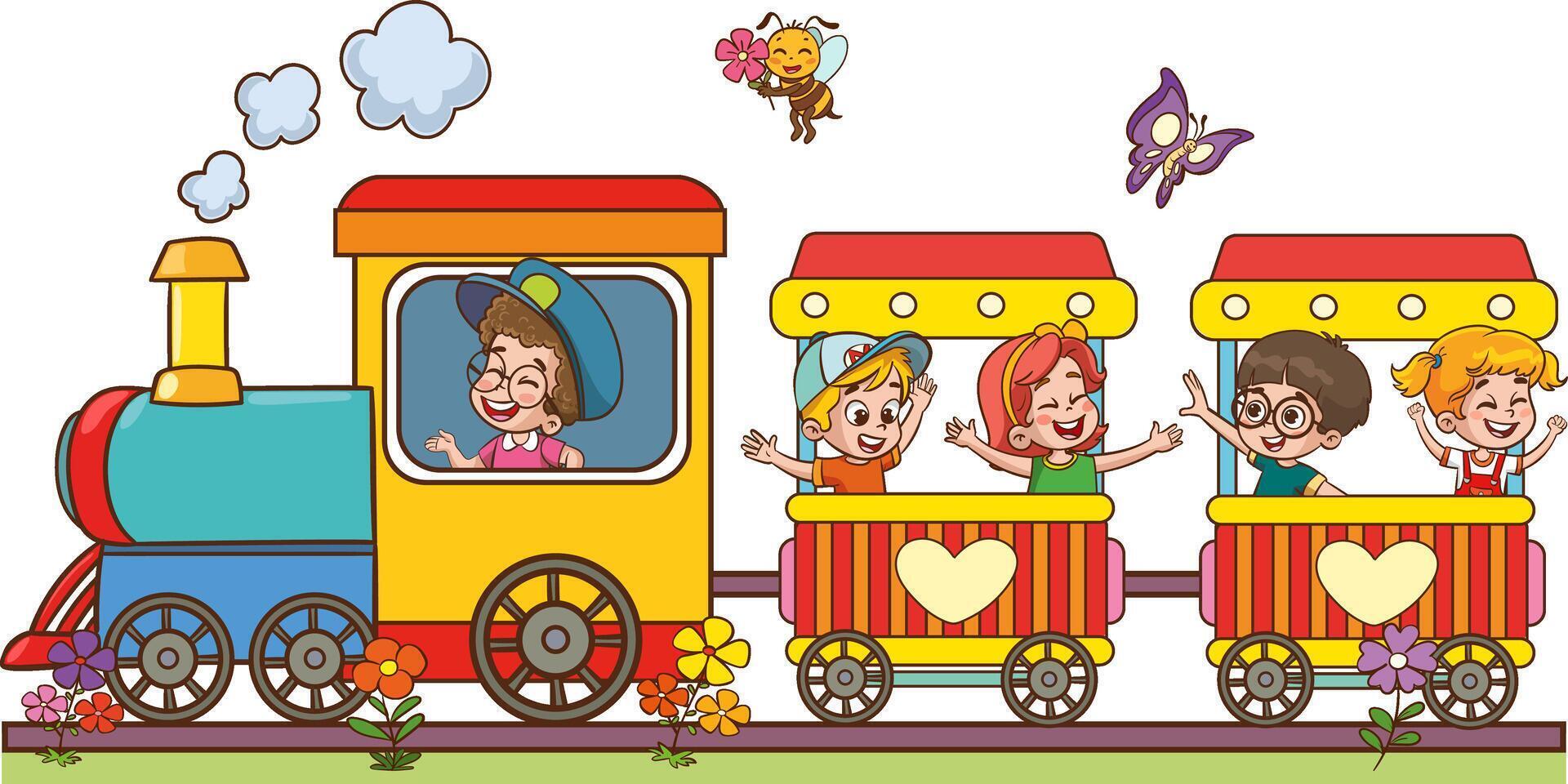illustration cartoon of happy kids with the train.Funny Children Riding On The Train vector