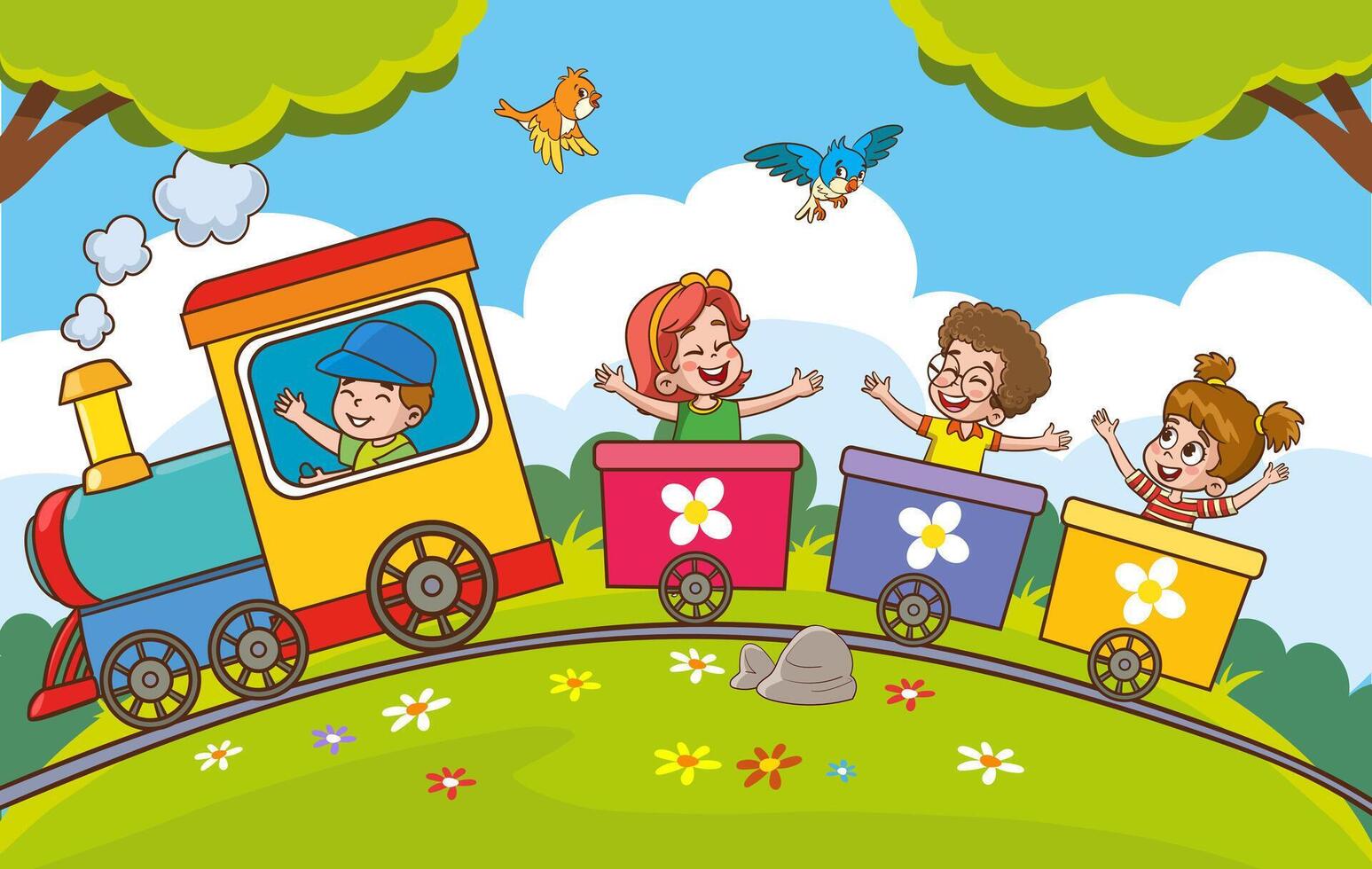 illustration cartoon of happy kids with the train.Funny Children Riding On The Train vector