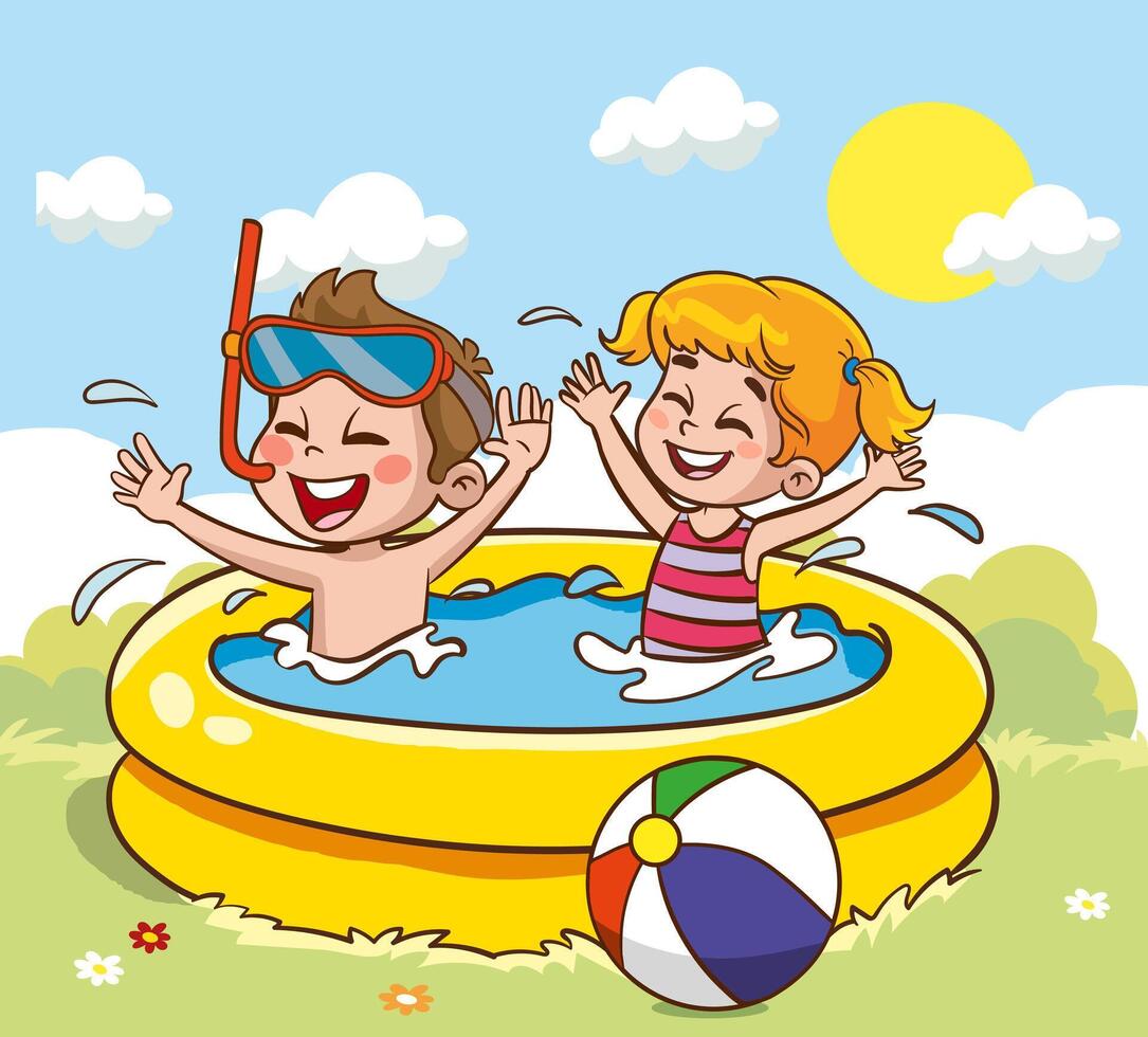 cute kids having fun in swimming pool at summer camp. Children having fun in backyard. Kids playing in swimming pool outdoors. Summer camp activities with water splash. Summer background. vector