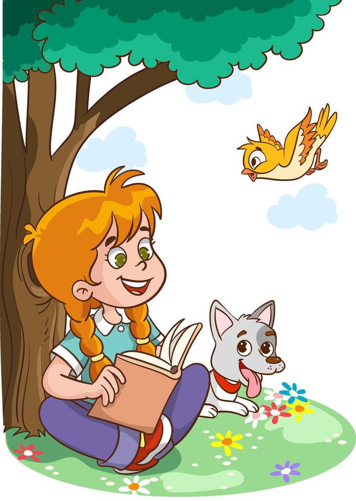 Young children read an interesting book and their imagination develops. illustration. Flat design. vector
