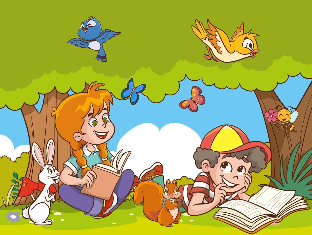 Young children read an interesting book and their imagination develops. illustration. Flat design. vector