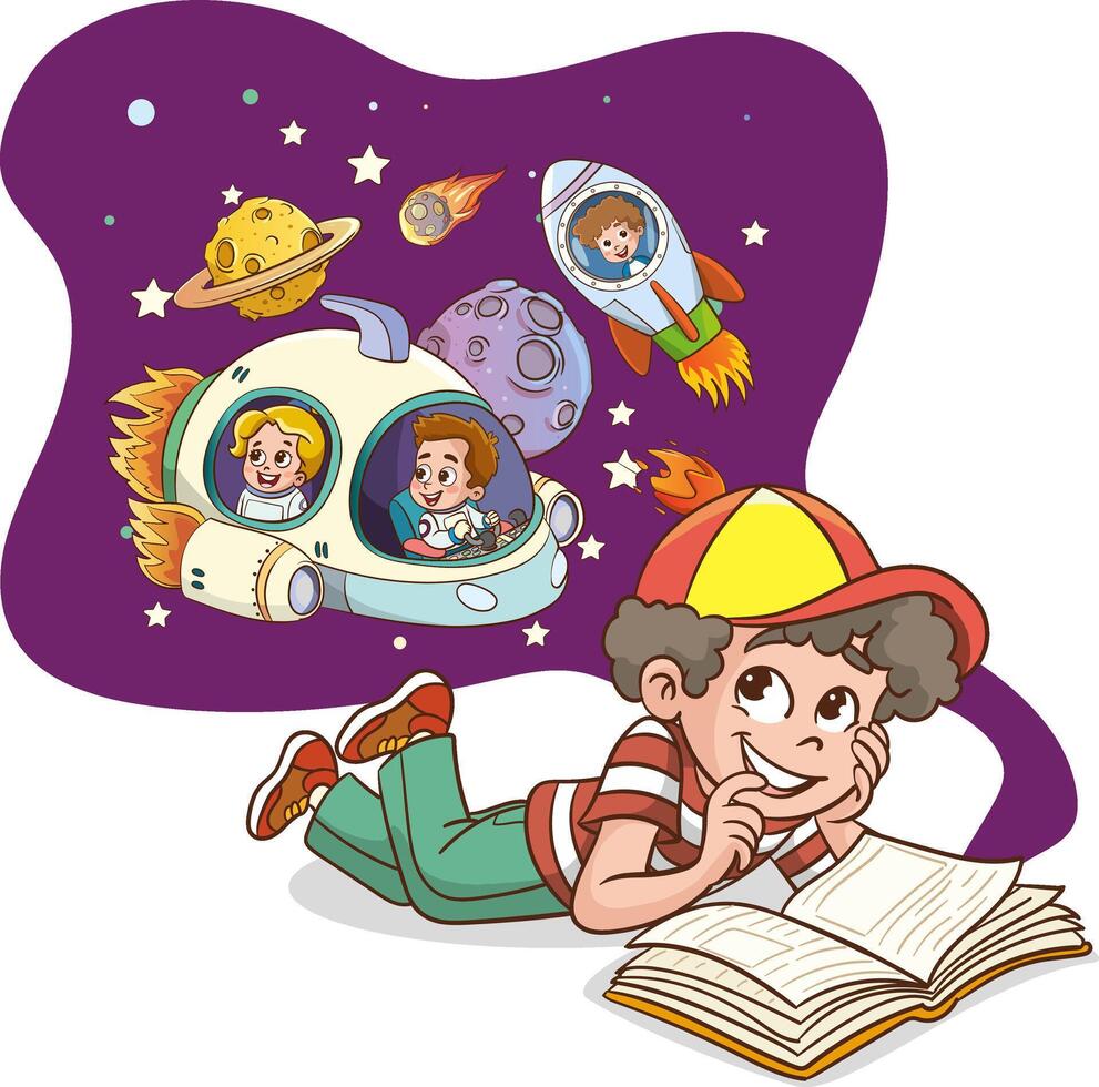 Young children read an interesting book and their imagination develops. illustration. Flat design. vector