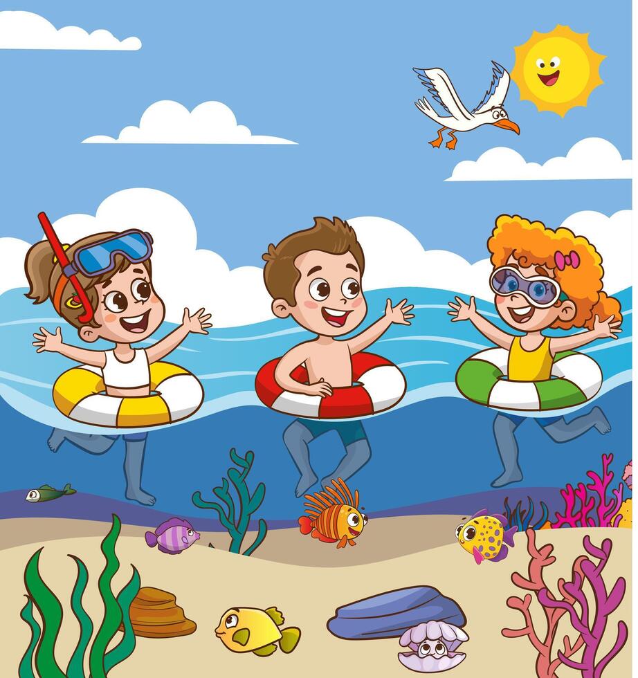 cute kids having fun in swimming pool at summer camp. Children having fun in backyard. Kids playing in swimming pool outdoors. Summer camp activities with water splash. Summer background. vector