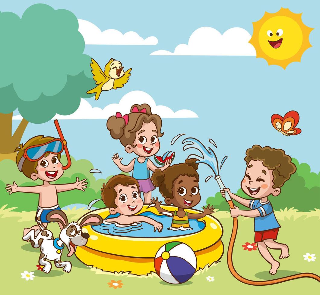 cute kids having fun in swimming pool at summer camp. Children having fun in backyard. Kids playing in swimming pool outdoors. Summer camp activities with water splash. Summer background. vector