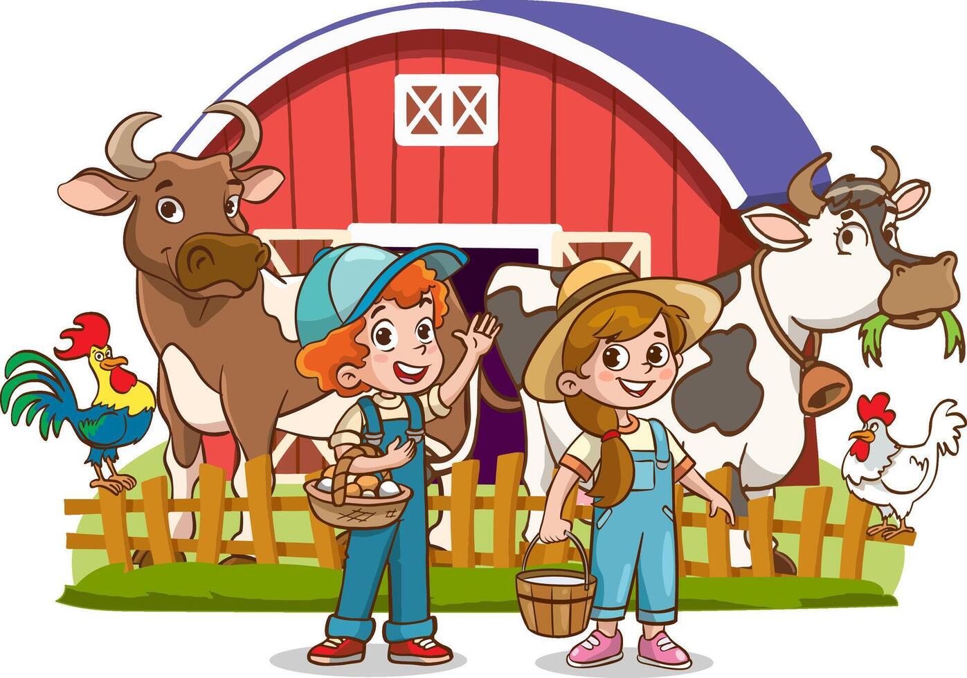 illustration of happy farmer kids with farm animals on the farm. vector