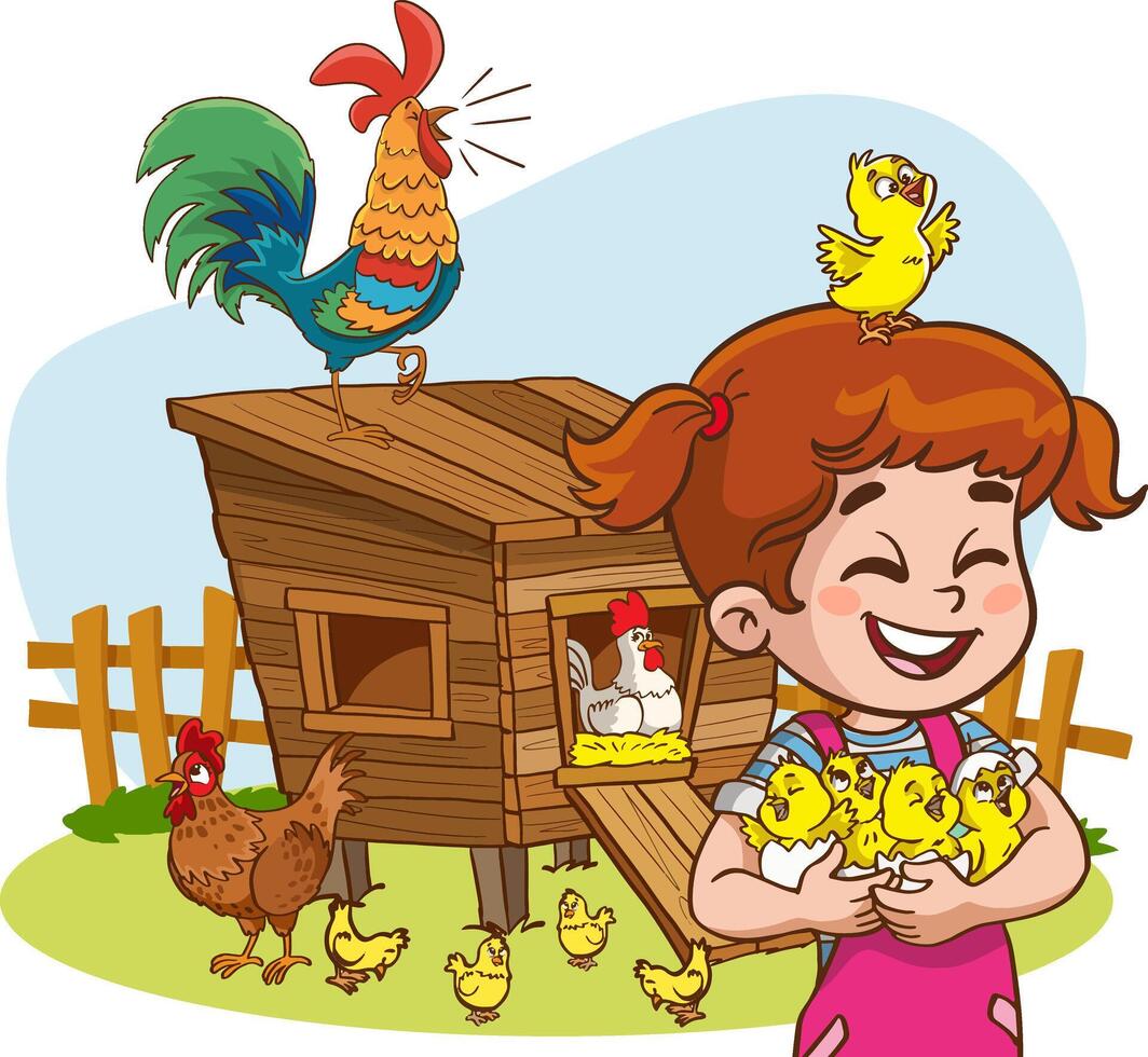 illustration of happy farmer kids with farm animals on the farm. vector