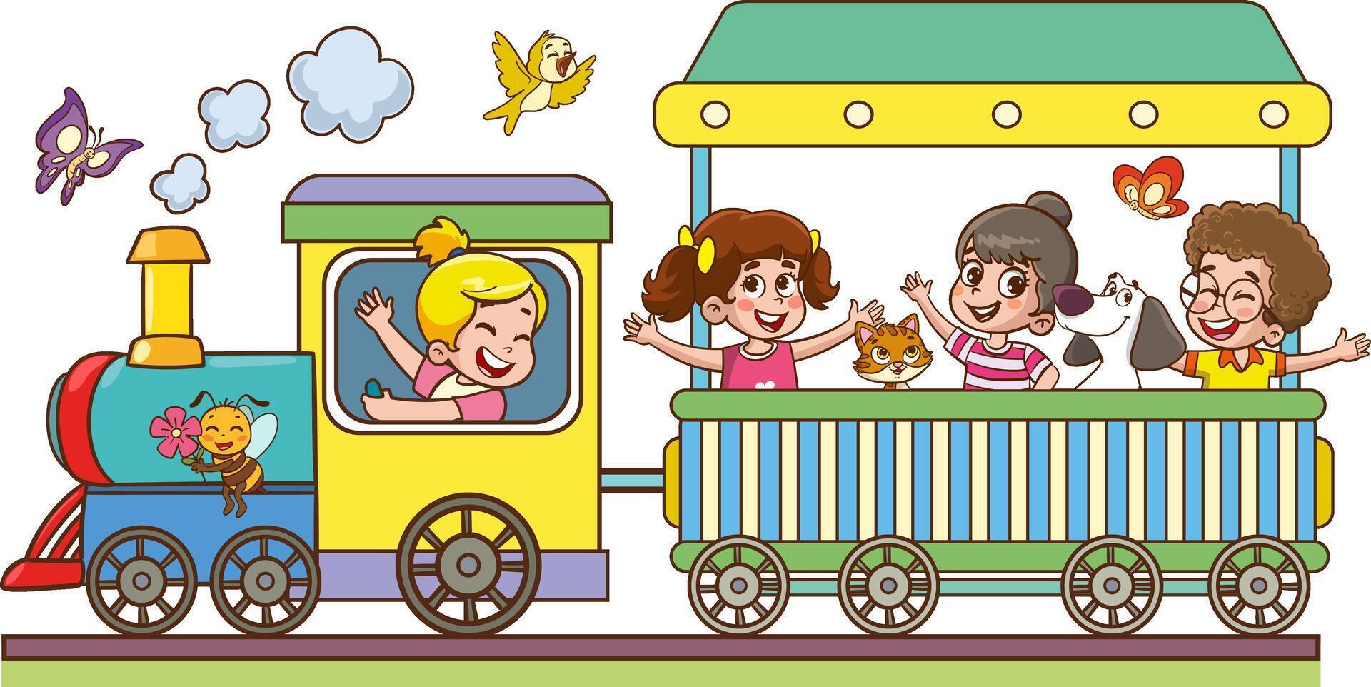 illustration cartoon of happy kids with the train.Funny Children Riding On The Train vector