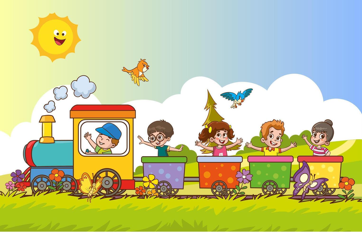 illustration cartoon of happy kids with the train.Funny Children Riding On The Train vector