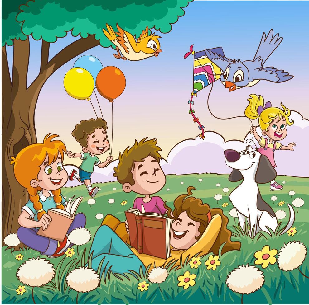Young children read an interesting book and their imagination develops. illustration. Flat design. vector
