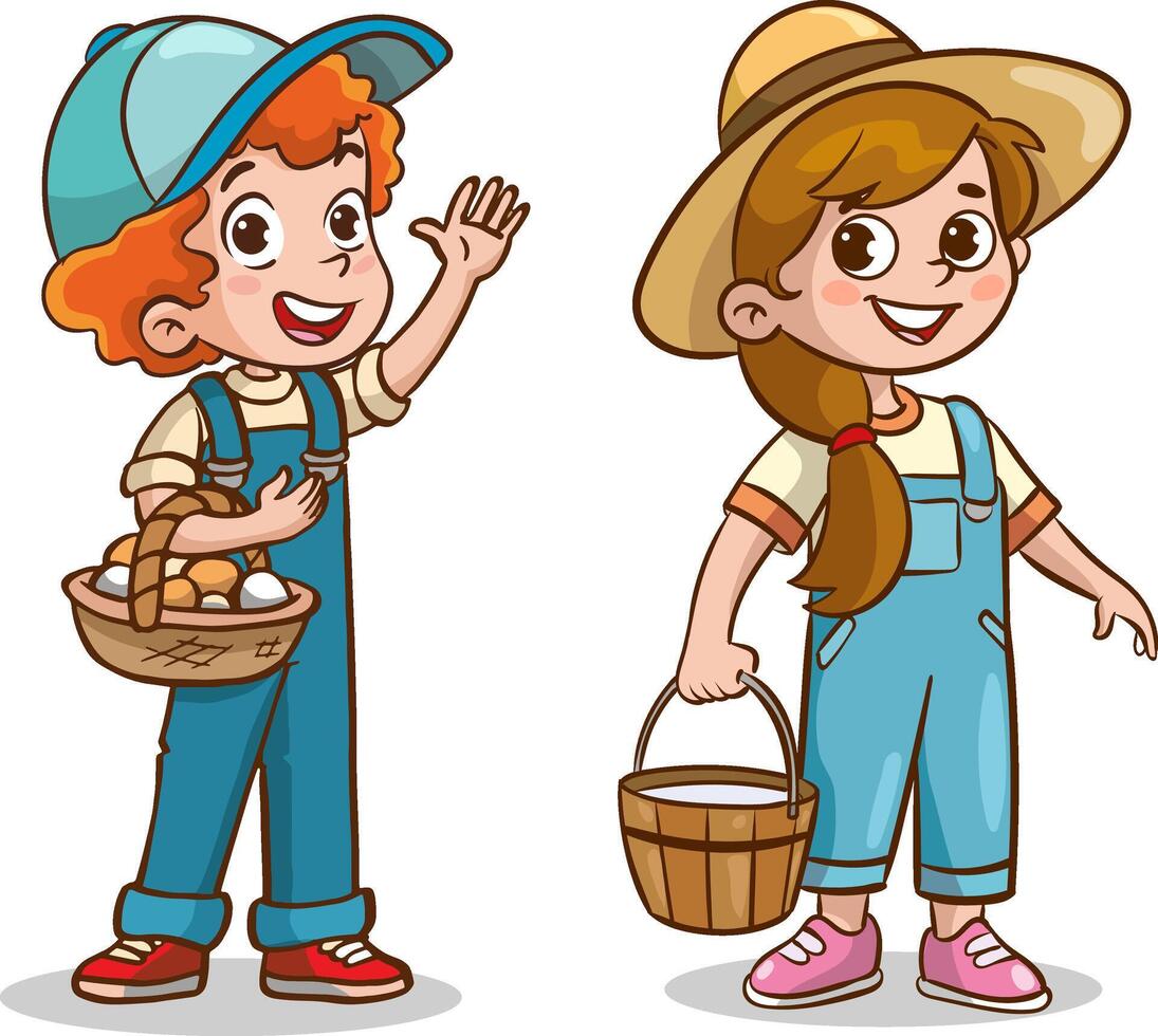 illustration of happy farmer kids with farm animals on the farm. vector