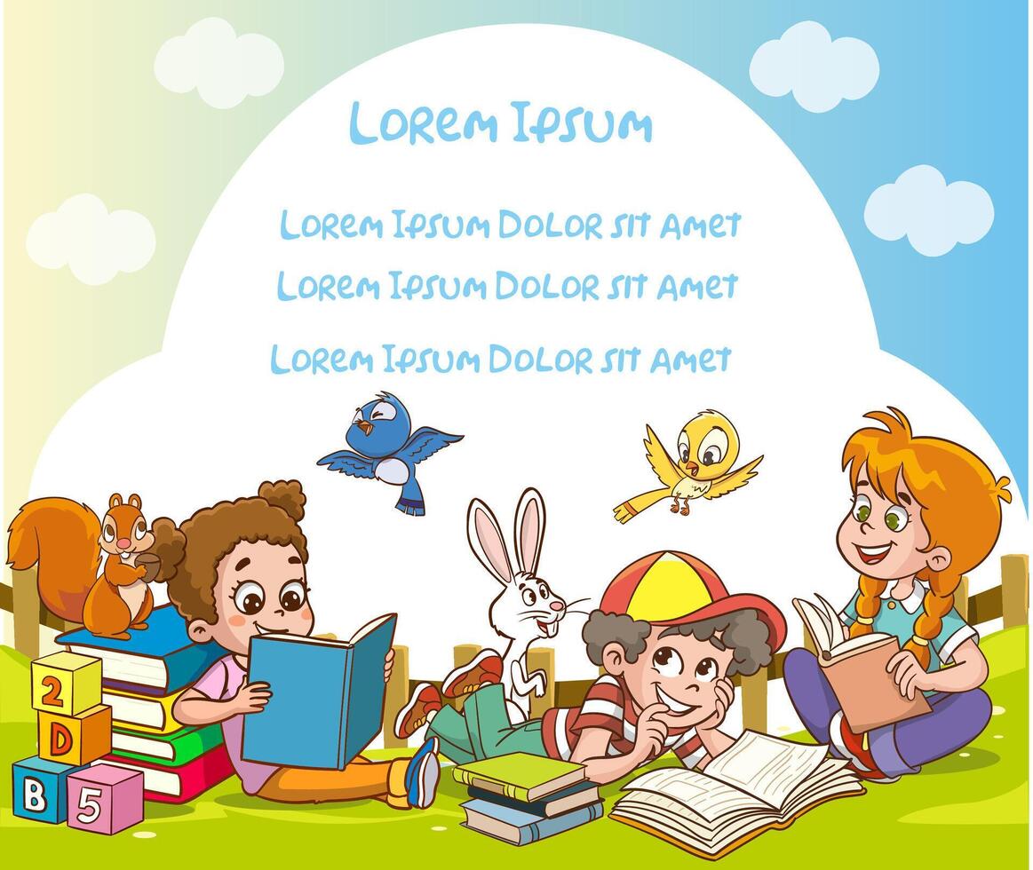Young children read an interesting book and their imagination develops. illustration. Flat design. vector