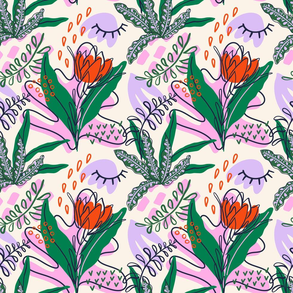 Abstract seamless pattern with tropical rainforest plants. Naive art hand drawn textures, leaves and flowers. Bright modern background for paper, textile, social media design. vector