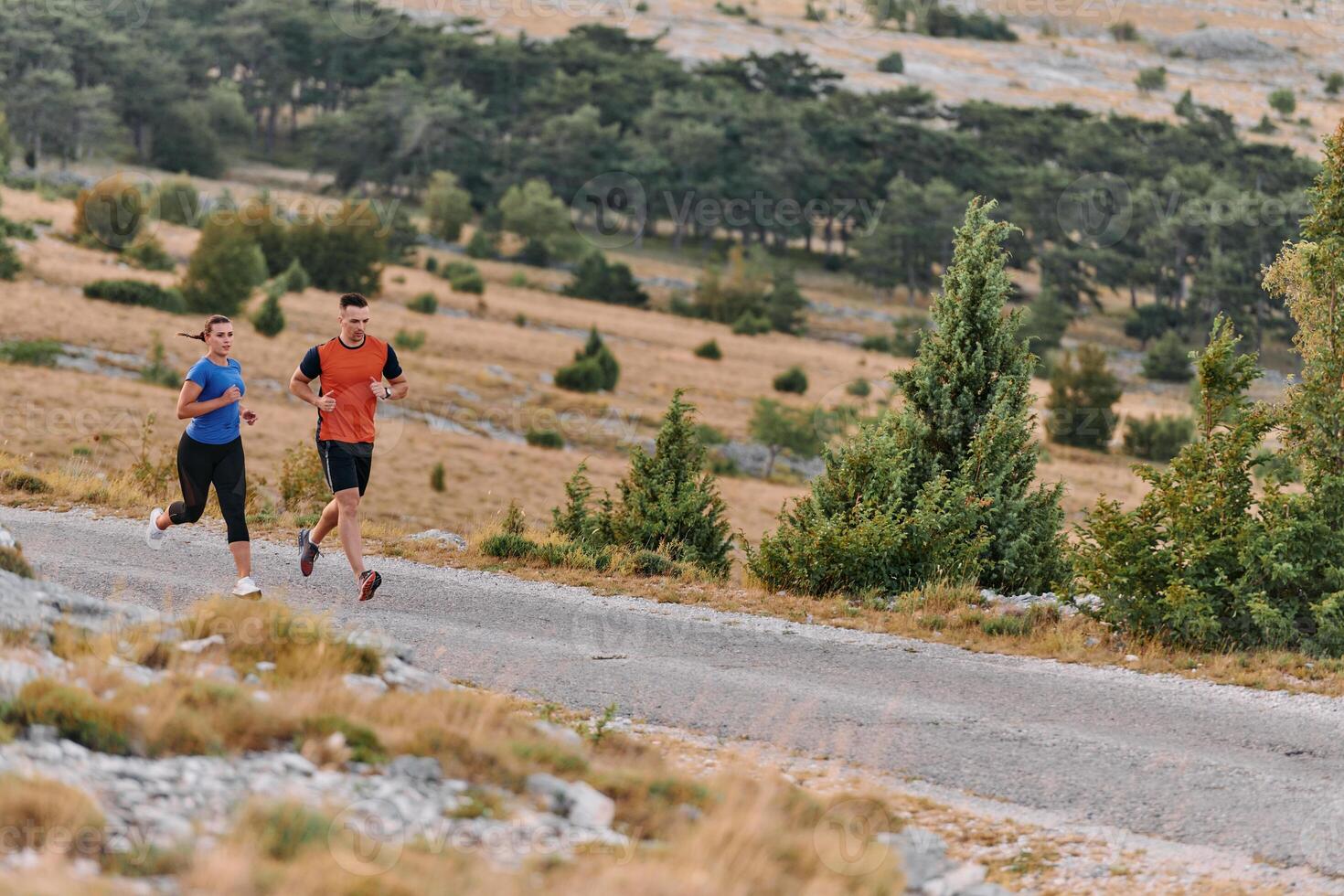 A couple dressed in sportswear runs along a scenic road during an early morning workout, enjoying the fresh air and maintaining a healthy lifestyle photo