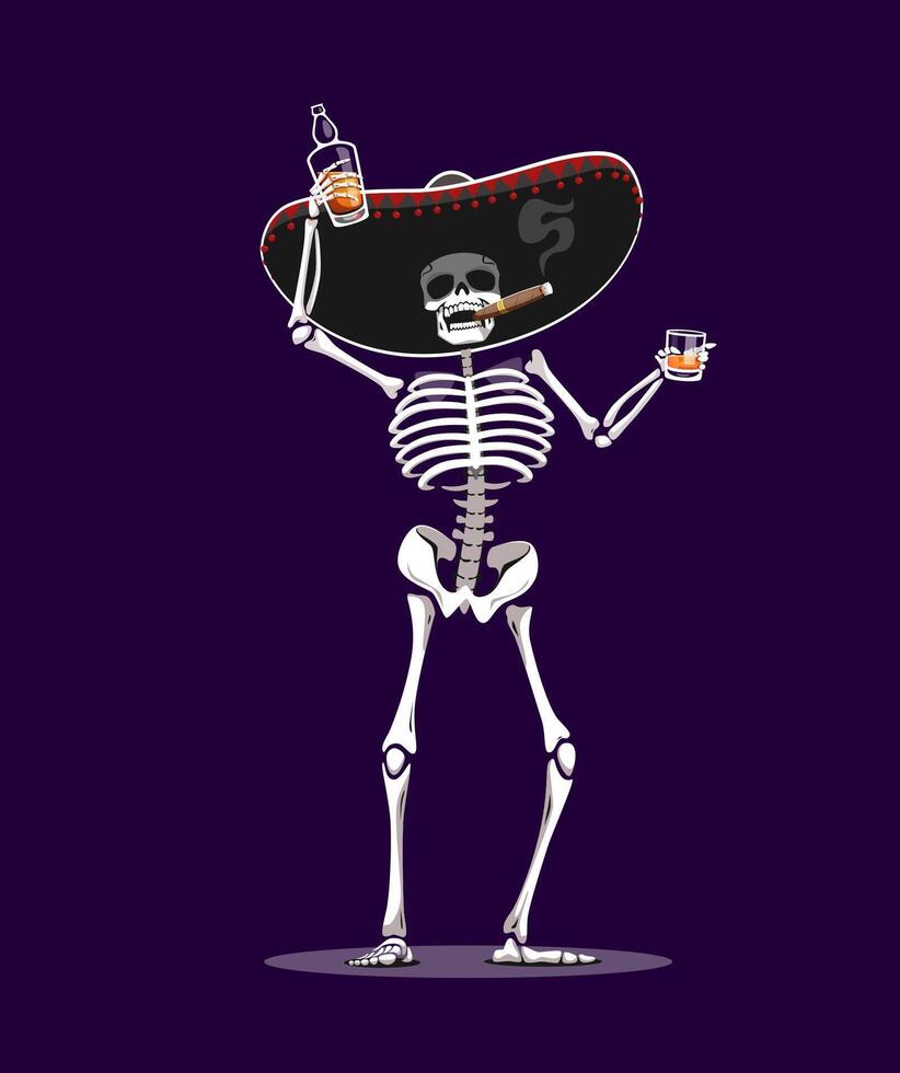 Halloween skeleton in sombrero drinking whiskey vector