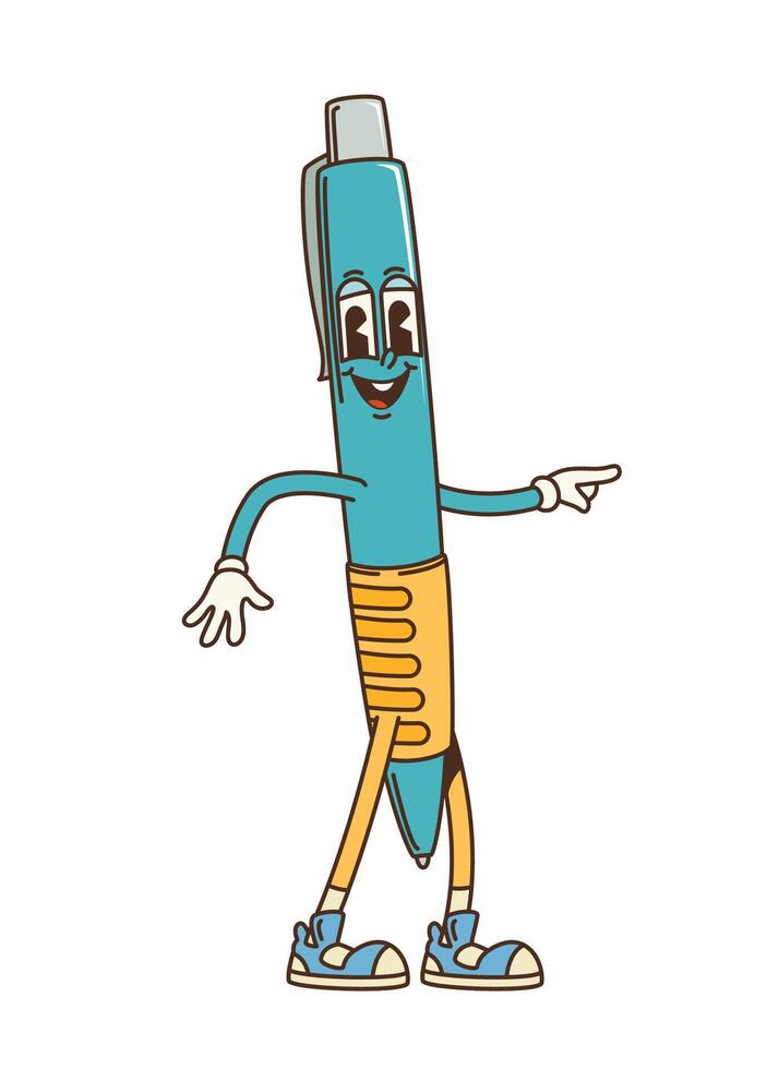 Retro groovy pen character funky stationery vector
