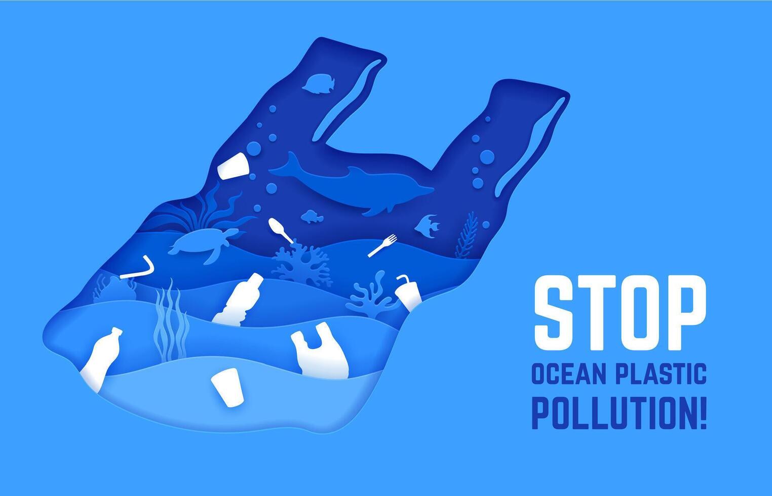 Polluted water, plastic waste on the sea bottom. vector