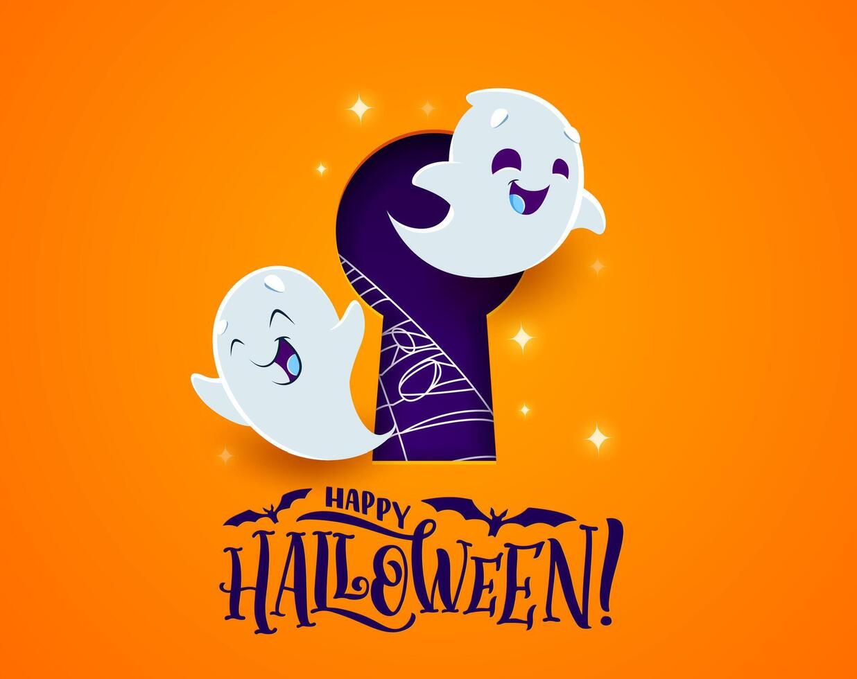 Halloween paper cut keyhole with kawaii ghosts vector