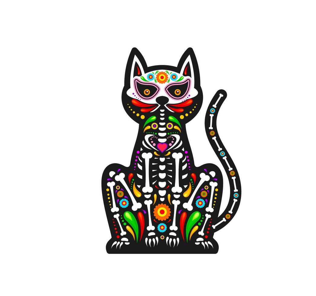 Mexican day of the dead cat sugar skull tattoo vector