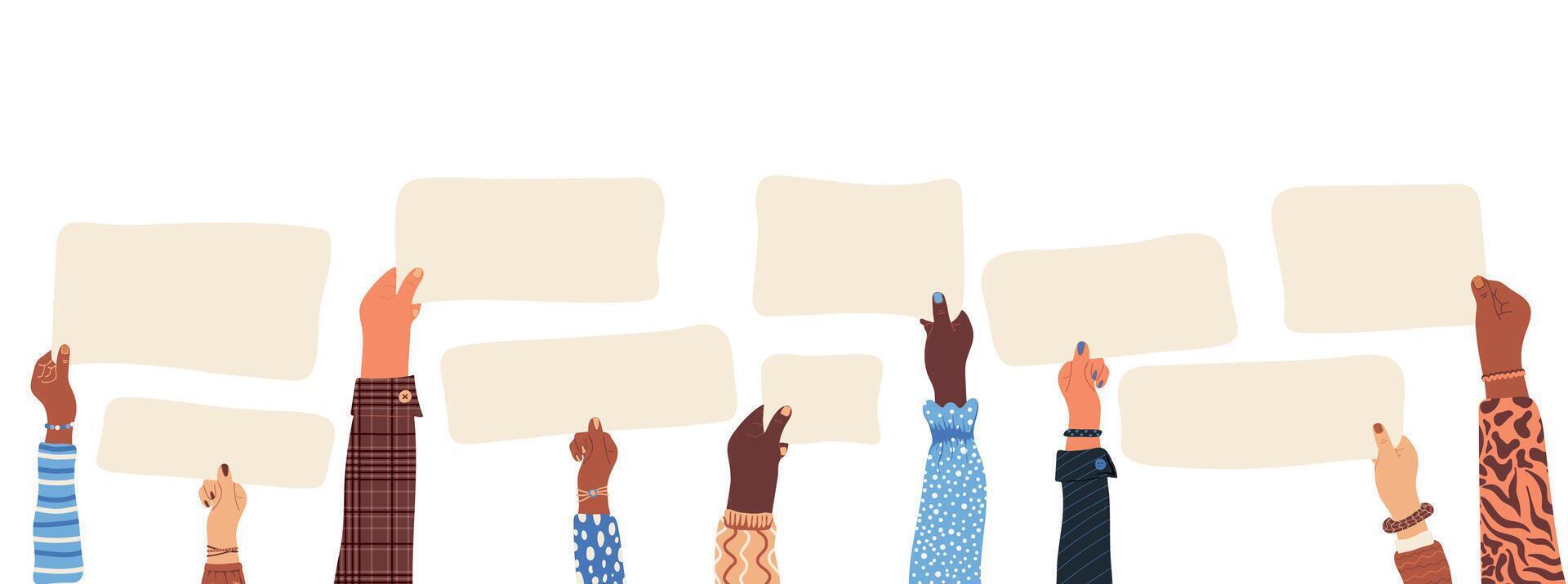 Diverse human hands holding blank banners vector