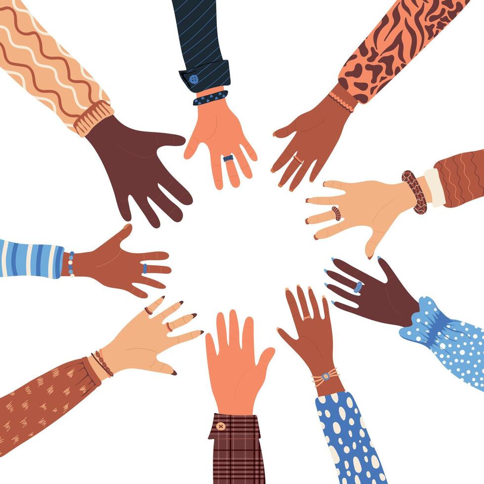 Hands of diverse group of people putting together vector