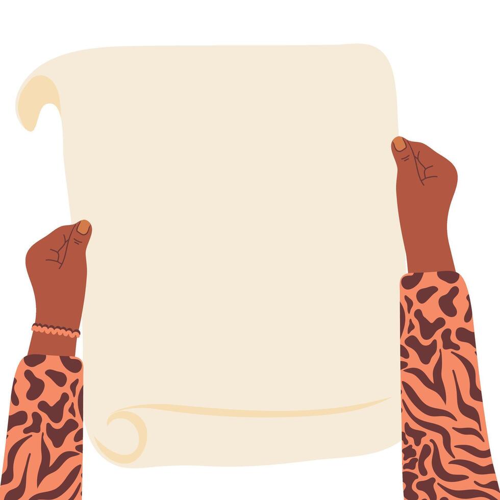 Woman's hands holding empty blank paper. Place for your text vector