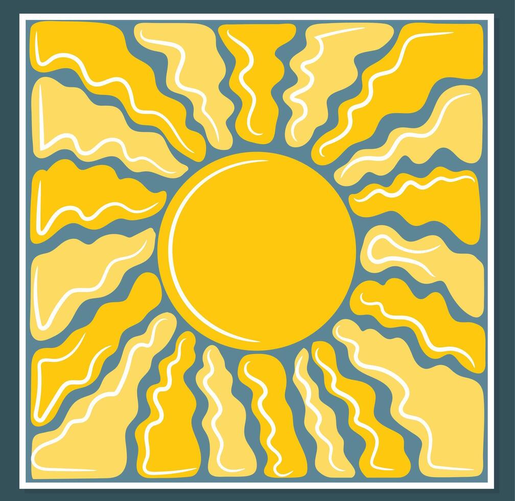 Square groovy retro abstract sun background. Organic doodle shapes in trendy naive hippie 60s 70s style. Contemporary poster print template. vector
