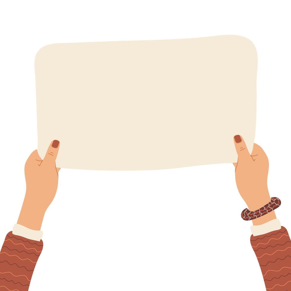 Woman's hands holding empty blank paper, banner with copy space, blank for an advertising message vector