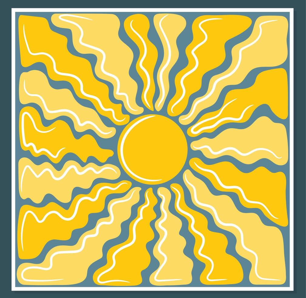 Square groovy retro abstract sun background. Organic doodle shapes in trendy naive hippie 60s 70s style. Contemporary poster print template. vector