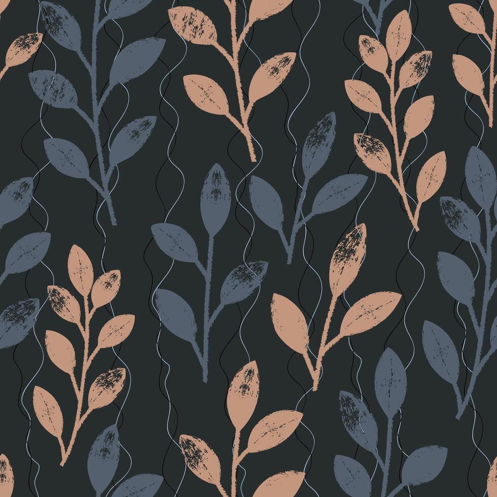 Seamless pattern with branches and black leaves. Hand drawn floral botanical design. Modern print for textile, fabric, wallpaper, wrapping, scrapbook and packaging vector
