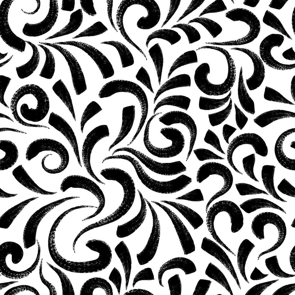 Seamless pattern with textured lines and curls. Black grunge curves printmaking texture. Abstract background with brush strokes vector