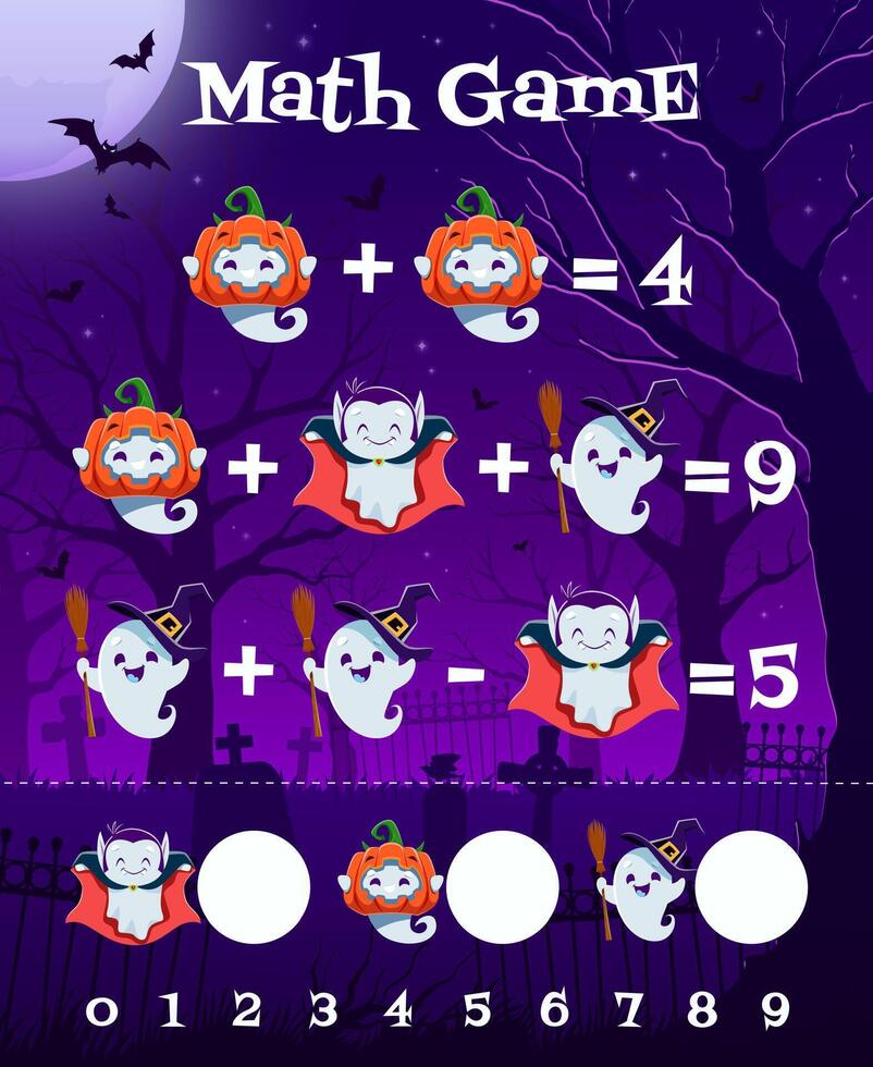 Halloween math riddle game with cute kawaii ghosts vector