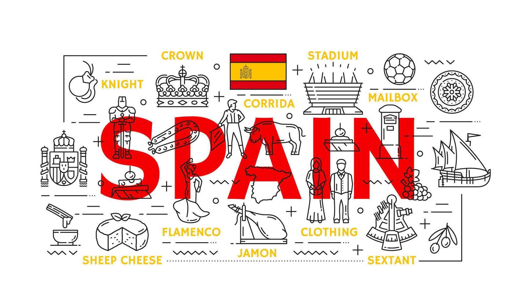 Spain travel and landmark line icons or signs vector