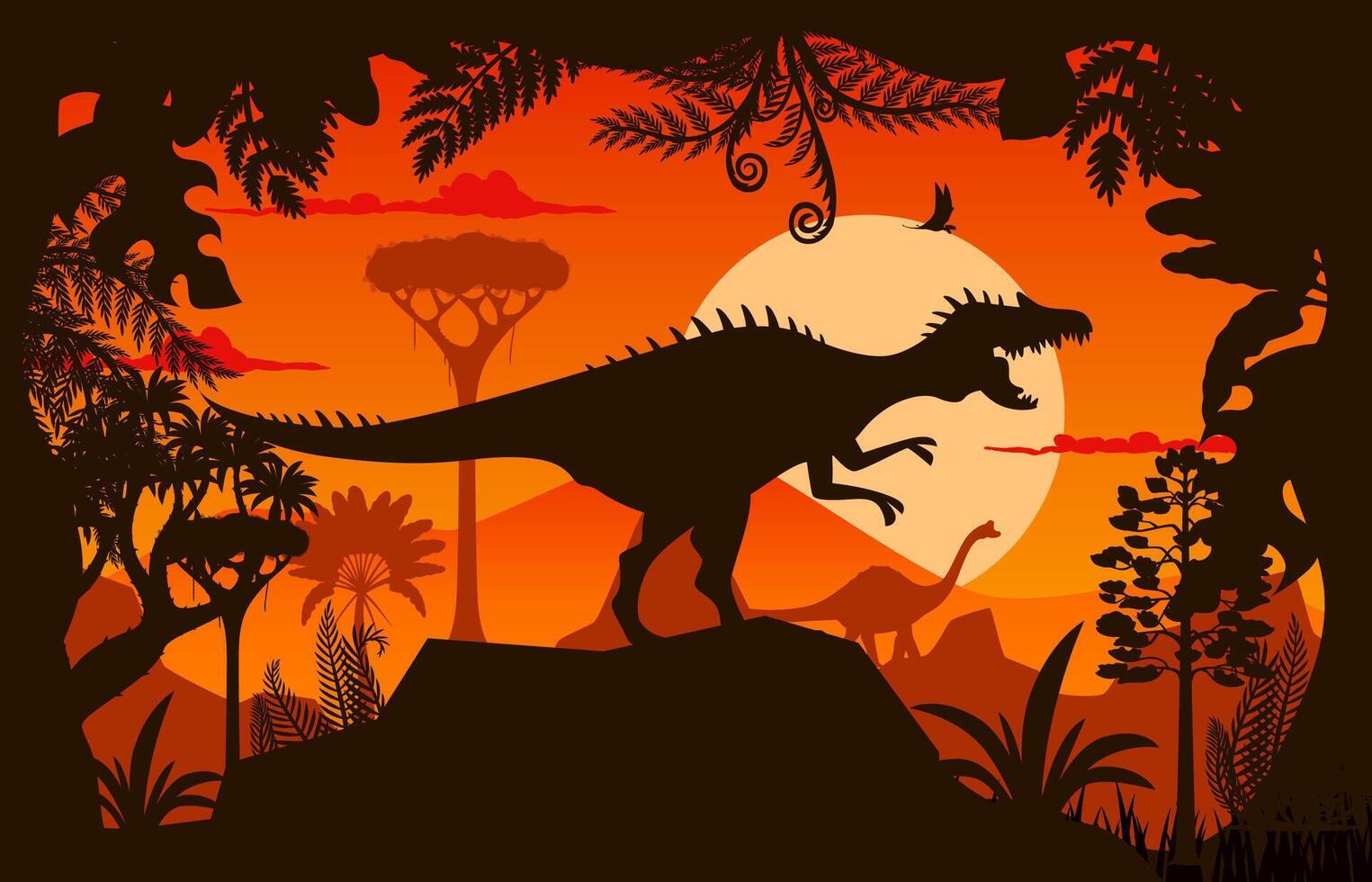 Spinosaurus dinosaur silhouette, prehistoric scene vector