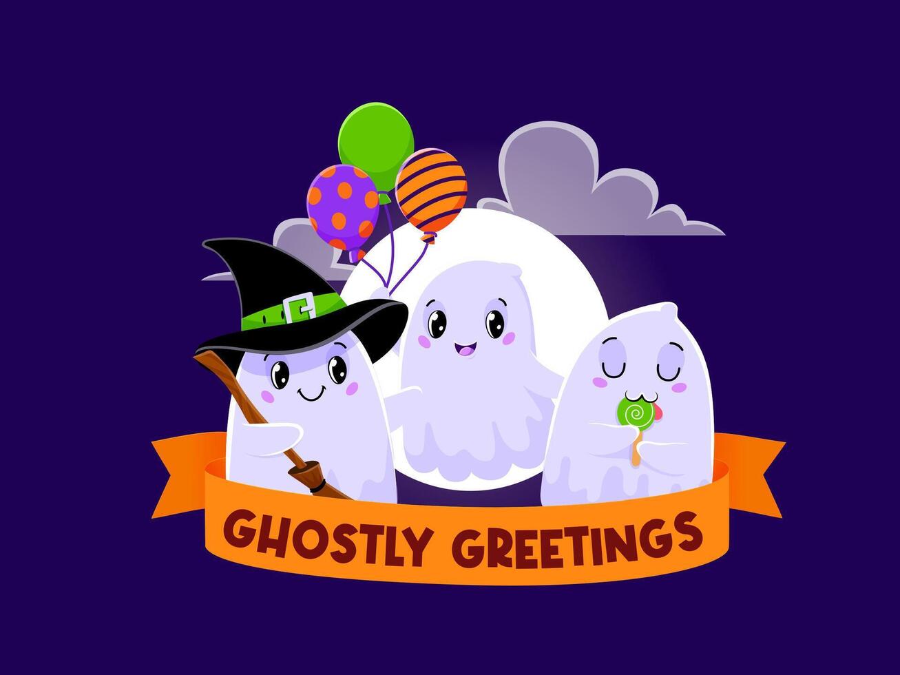 Halloween kawaii ghost characters, banner vector
