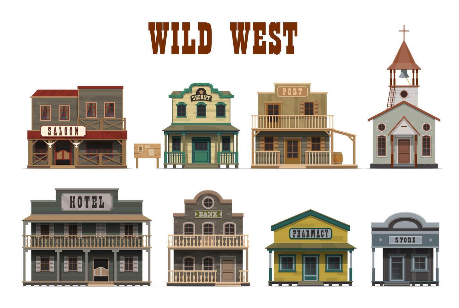 Wild West town cartoon buildings, Western houses vector