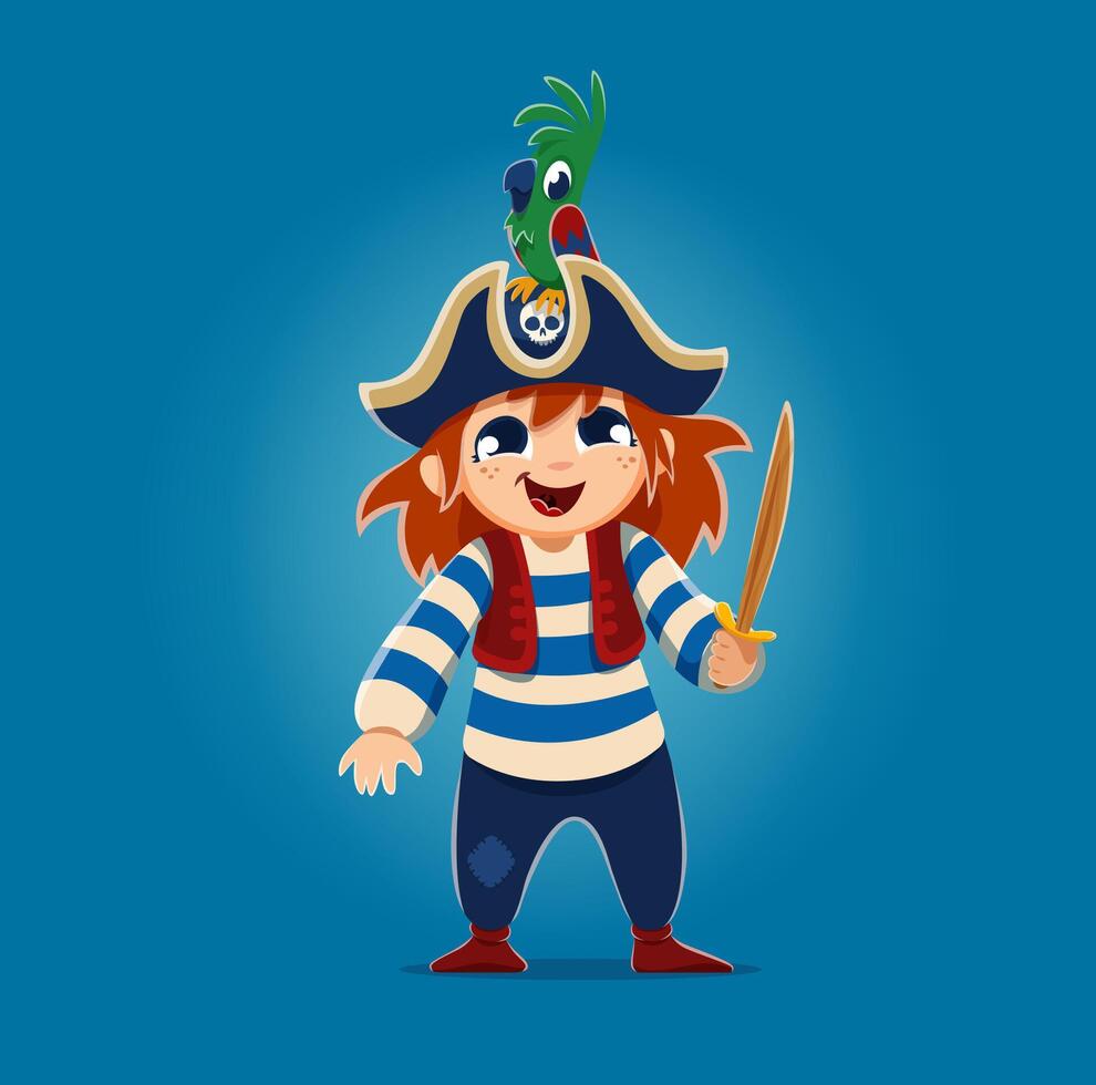 Cartoon girl kid pirate character with a sword vector
