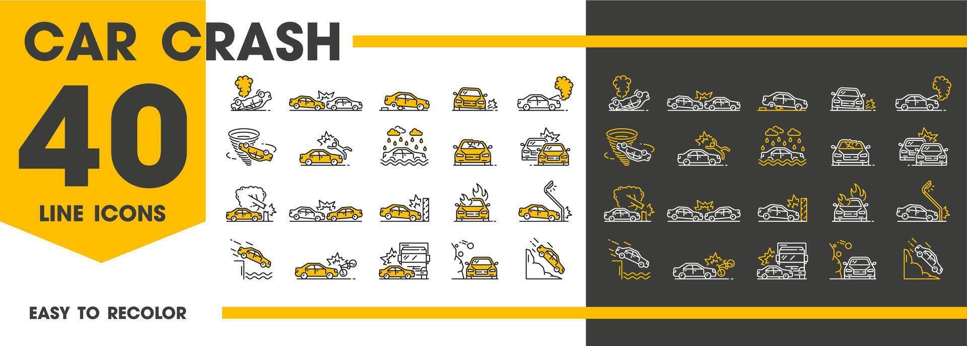 Car crash line icons, traffic accidents, collision vector