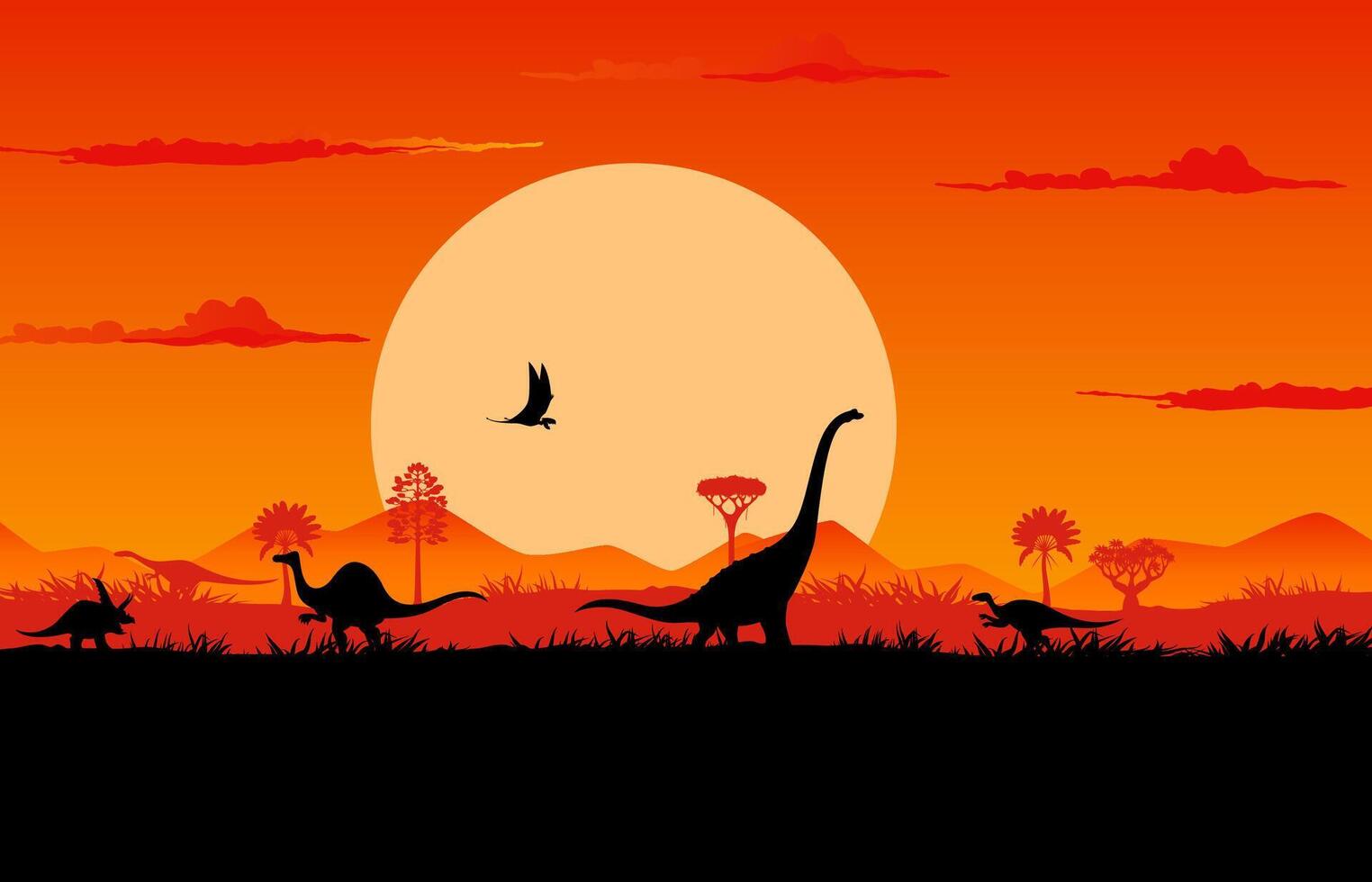 Dinosaurs silhouettes sunset prehistoric landscape vector
