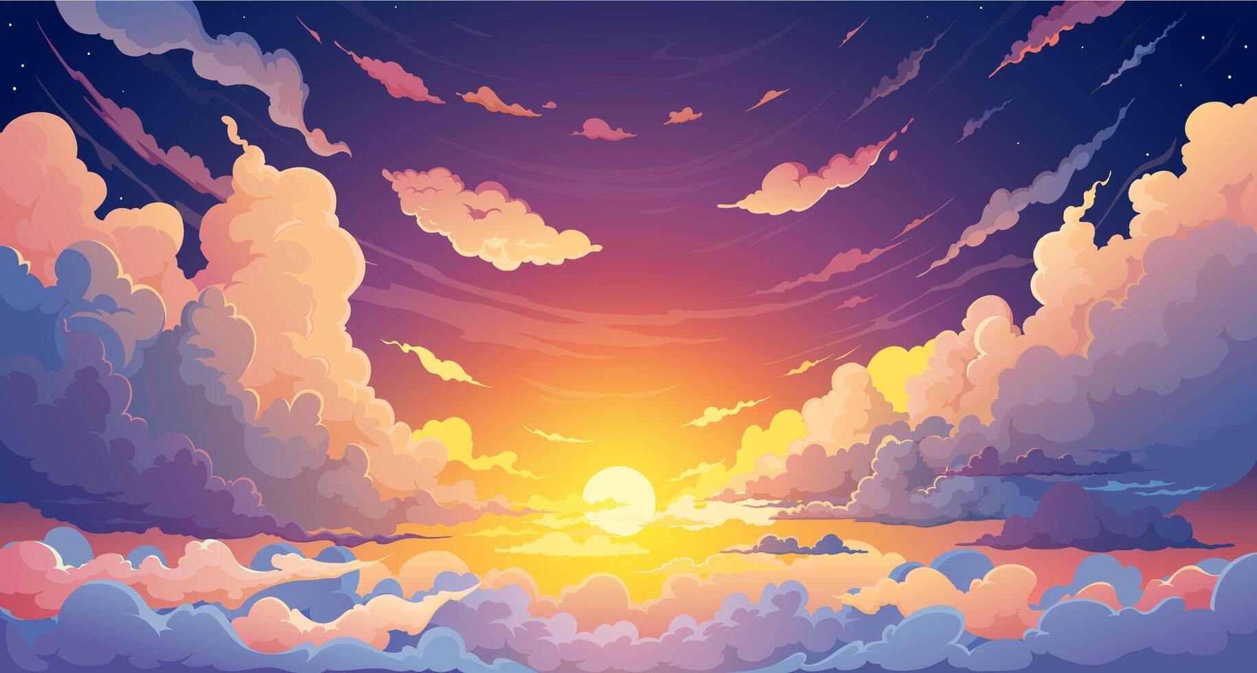 Sky anime sunset background, clouds and sunset sun vector