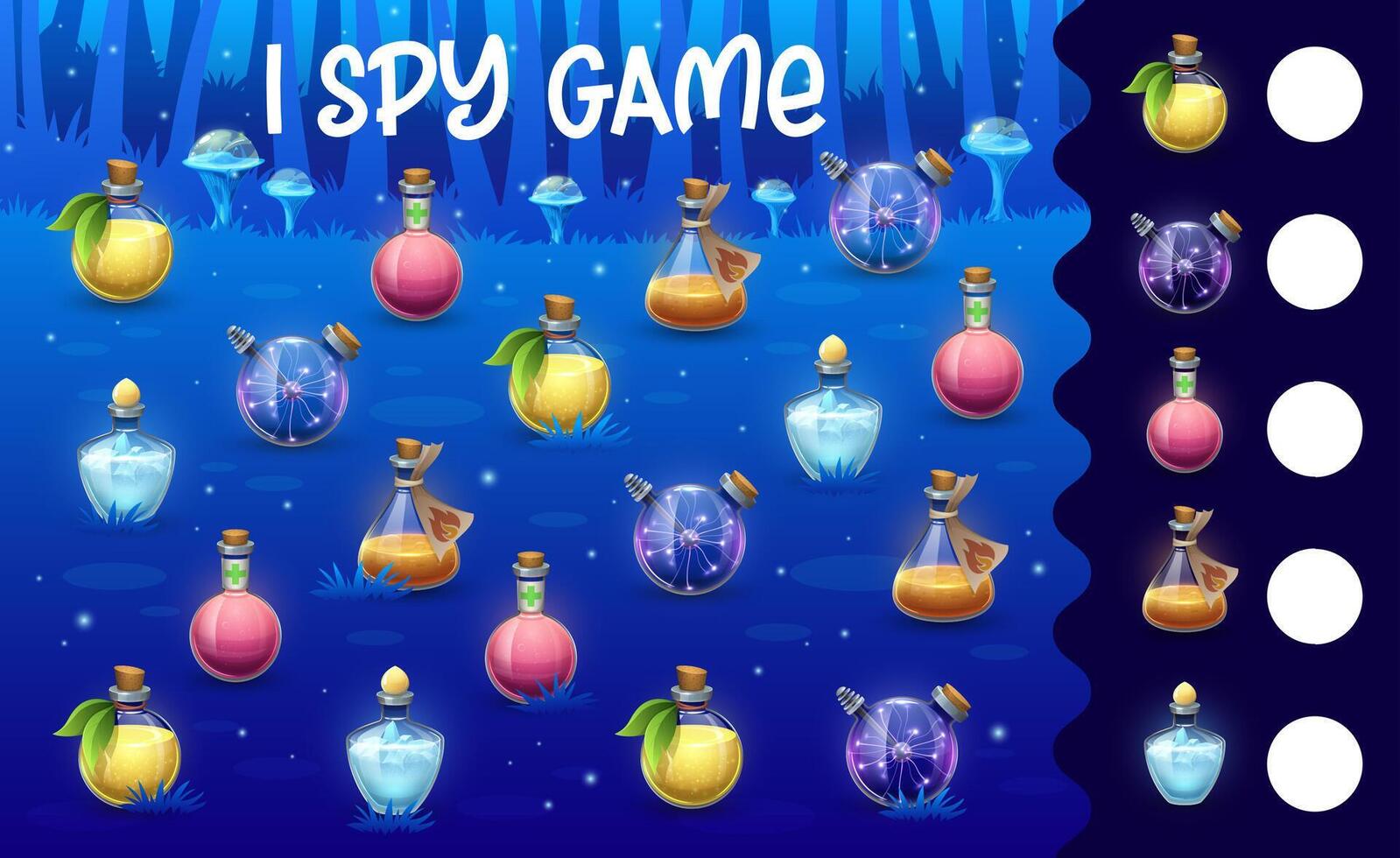 Halloween kids I spy game, magic potion bottles vector