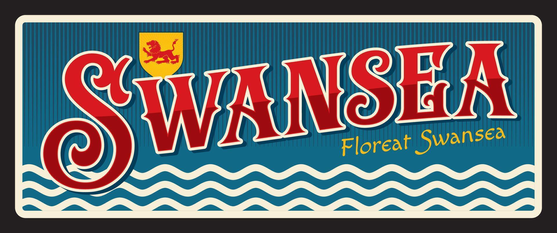Swansea city in Wales, retro travel plate vector